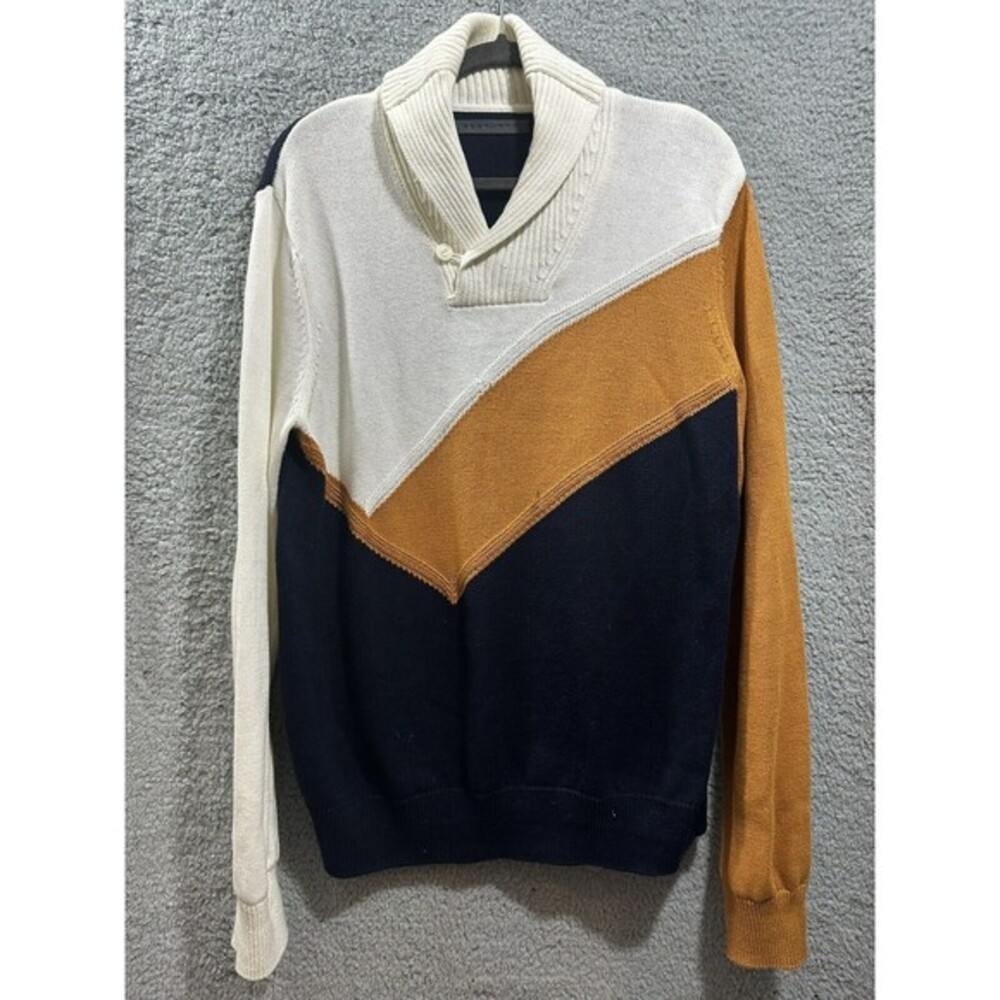 Sean John Mens Ivory/Blue/Brown Color Block Pullover Sweater 1/4 Button Large